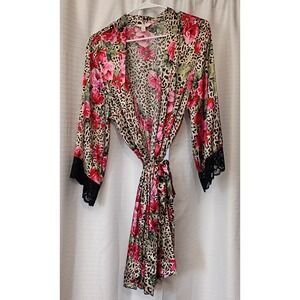 Secret Treasures Women's Sexy Sz Large Floral Animal Print Satin Belted Robe